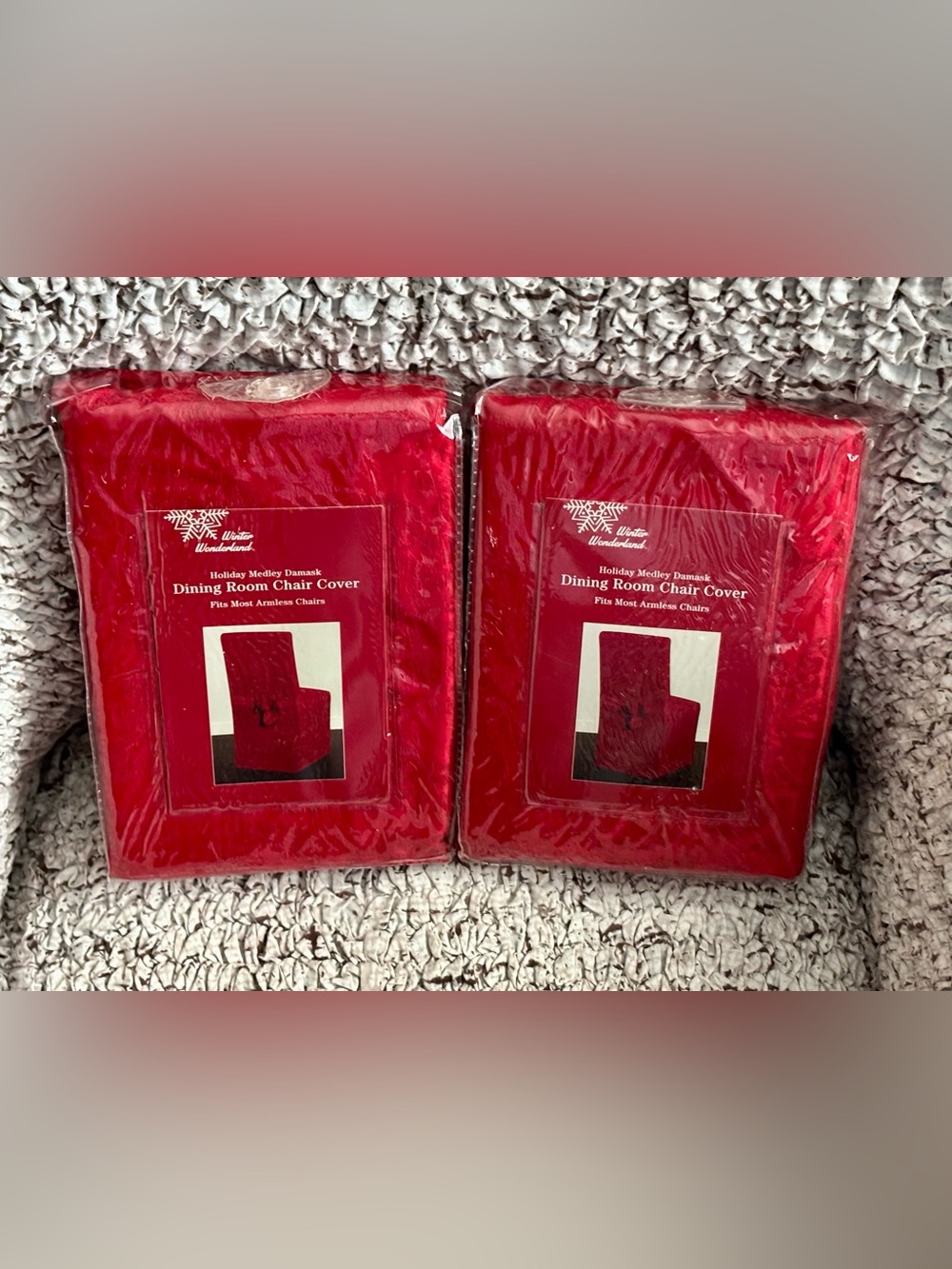 WINTER WONDERLAND Holiday Medley Red Damask Chair Covers - Set of 2 Brand New